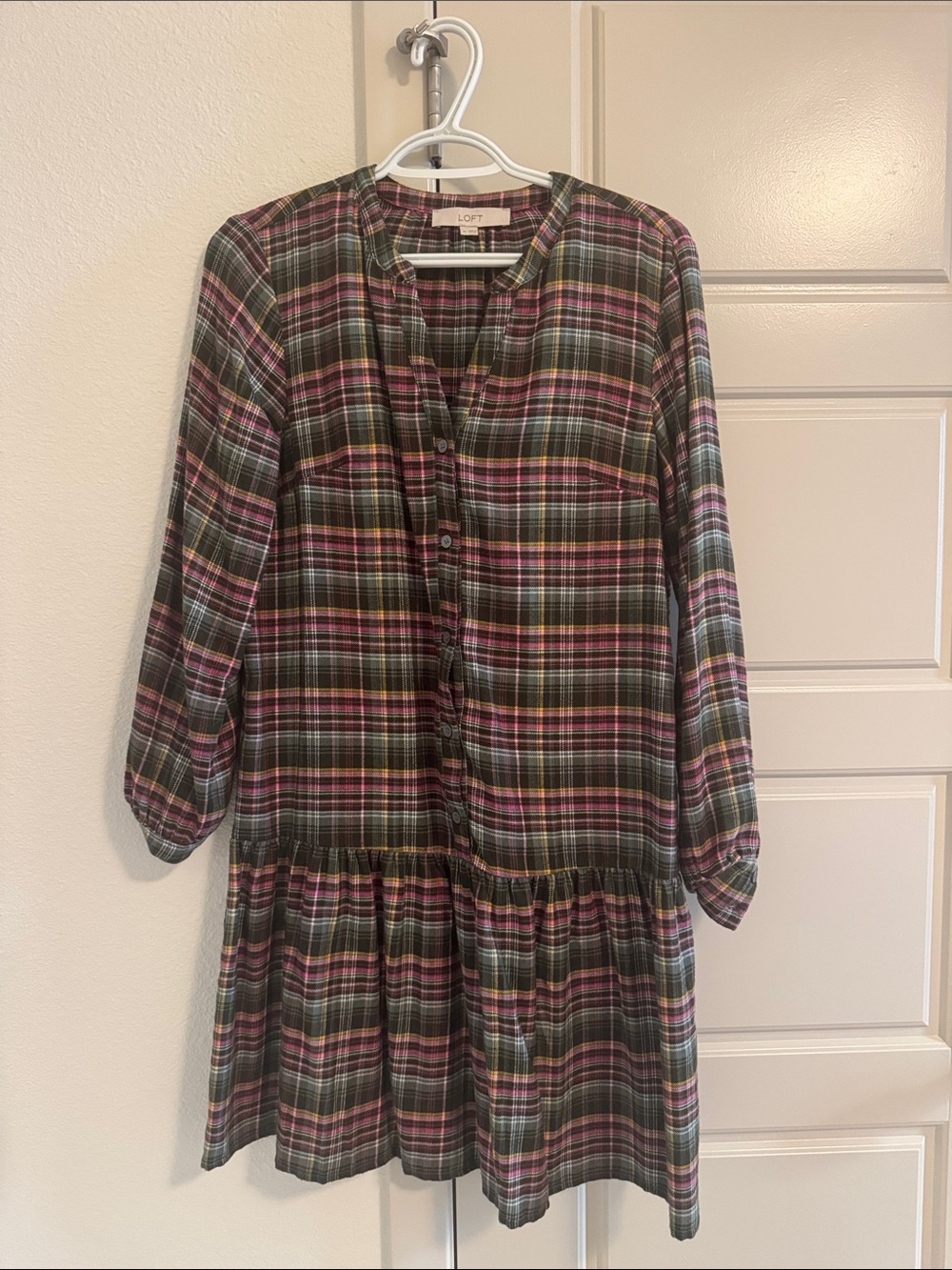 LOFT Olive Green and Pink Plaid Dress